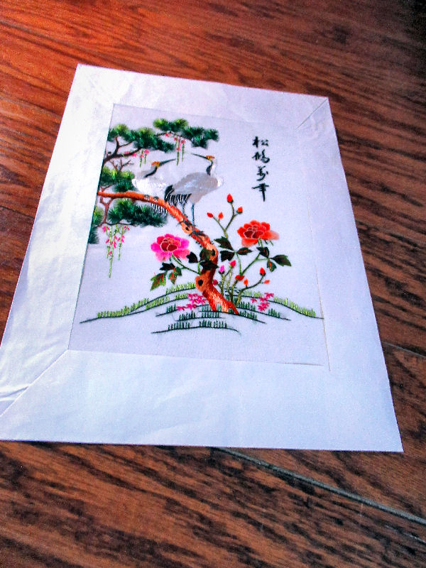 vintage  antique oriental silk panel hand embroidered cranes