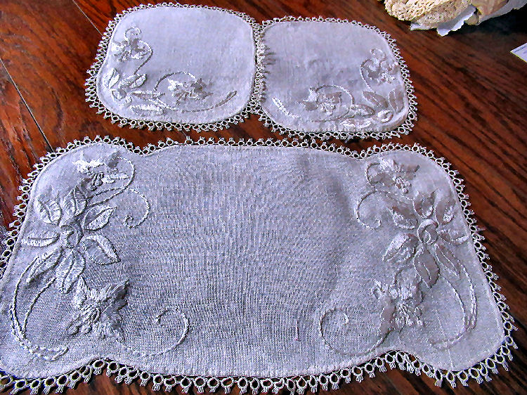 set 3 vintage  antique handmade doilies silk embroidered tatted lace