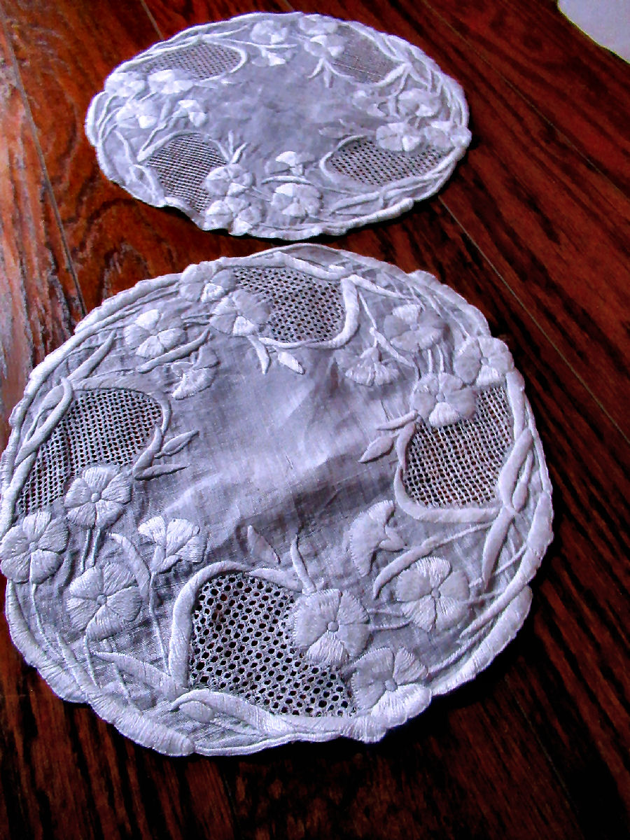 pair vintage  antique handmade doilies lace and whitework embroidery