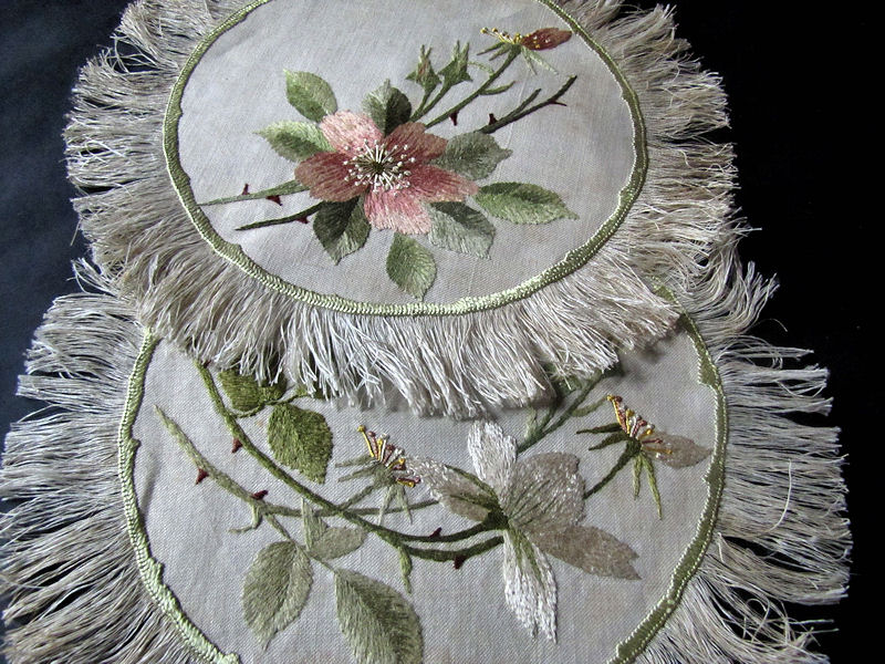 close up 2vintage antique pair society silk embroidered doilies