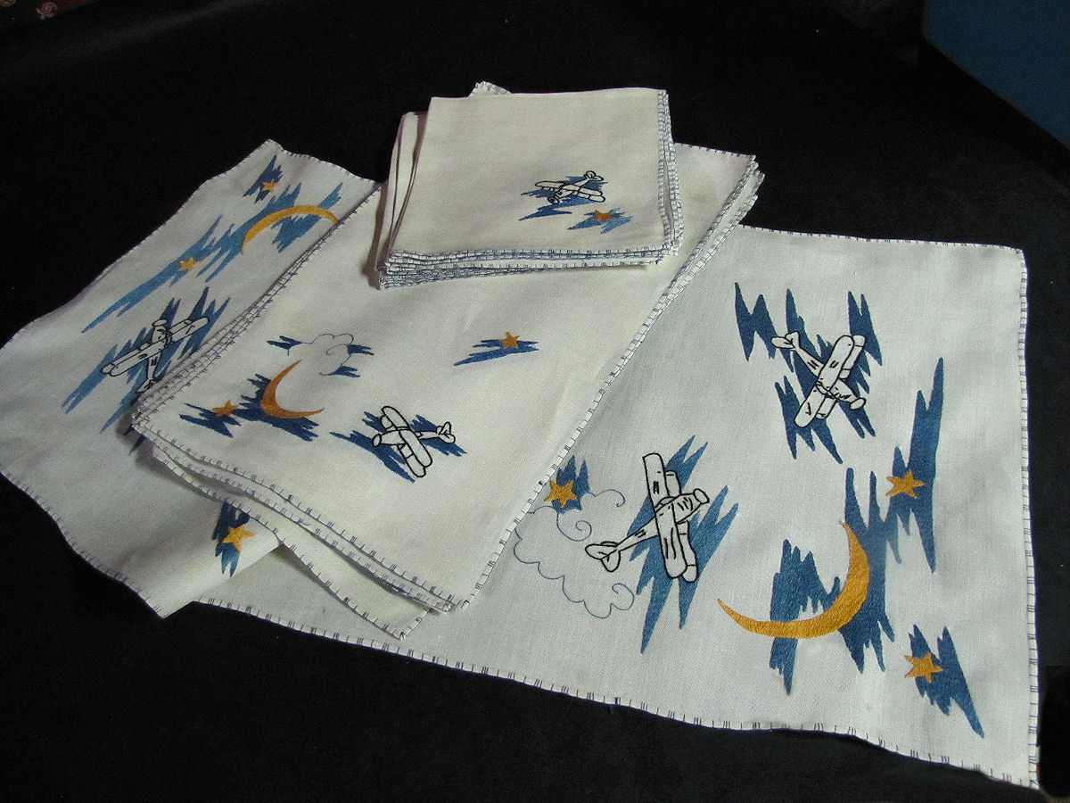 close up 9vintage antique placemats set hand embroidered biplanes