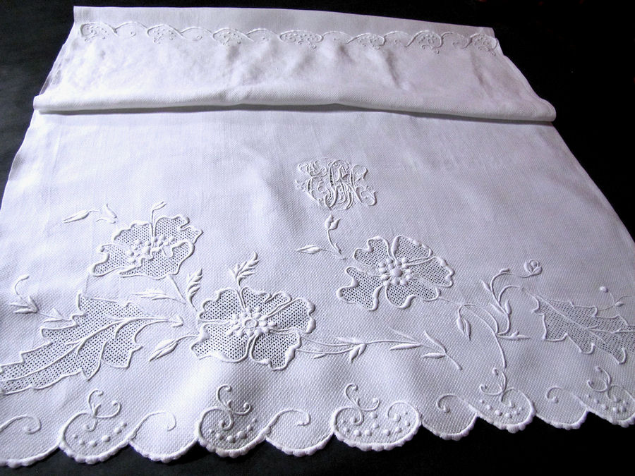 vintage antique huck linen towel handmade lace embroidery towel