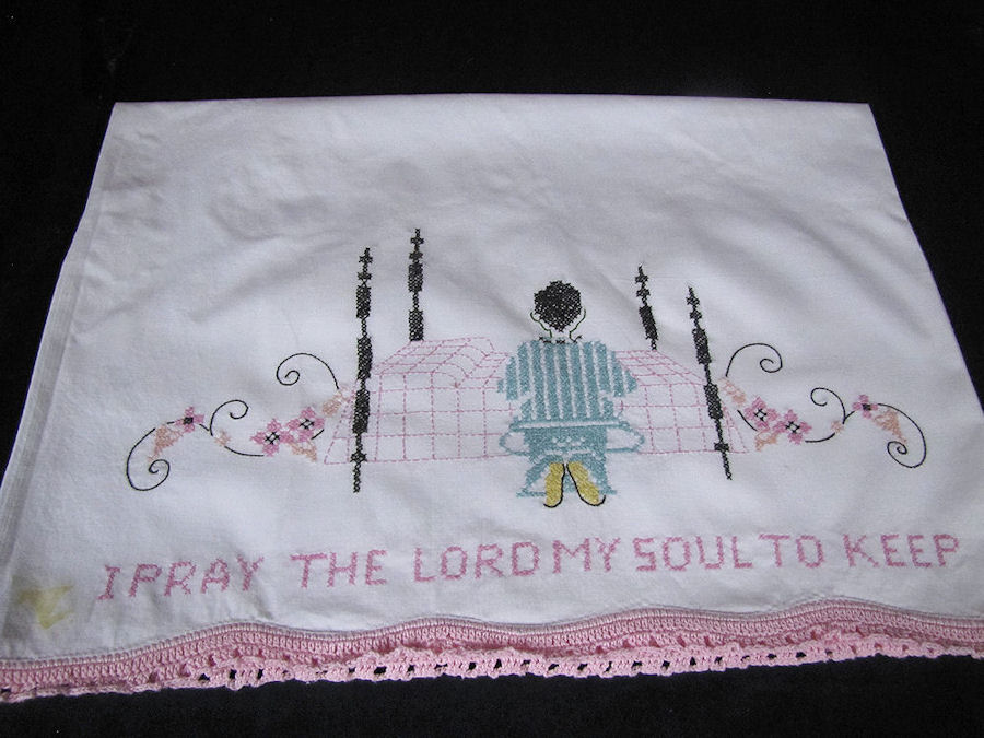 pair vintage antique pillowcases handmade child's prayer 