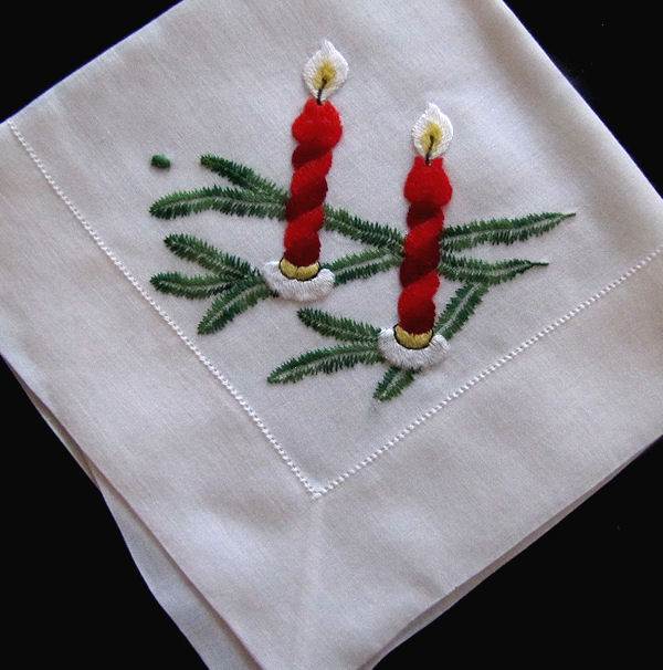 vintage Christmas hanky embroidered candles
