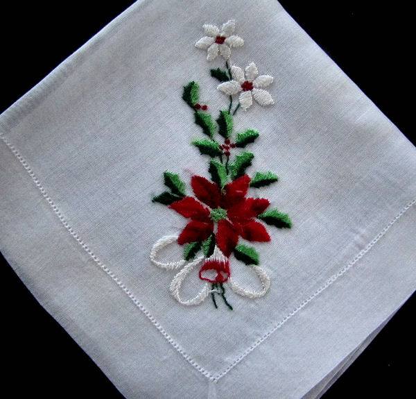 vintage hanky with embroidered Christmas poinsettas and bell