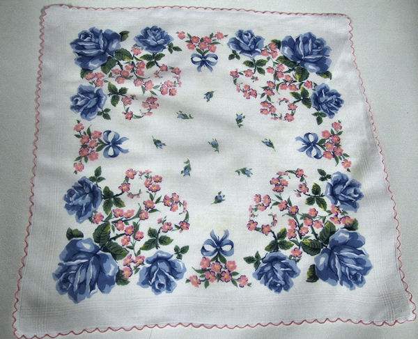 vintage floral print hanky with blue roses