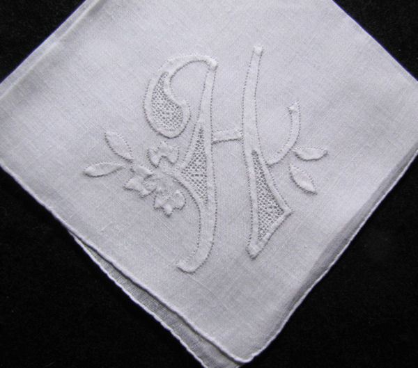 vintage handmade whitework hanky monogrammed H