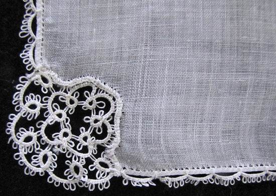 close up vintage antique wedding brides hanky white Irish linen handmade tatted lace