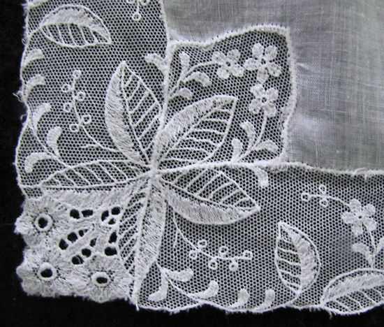 close up vintage antique white wedding brides hanky with Limerick and Schiffli lace