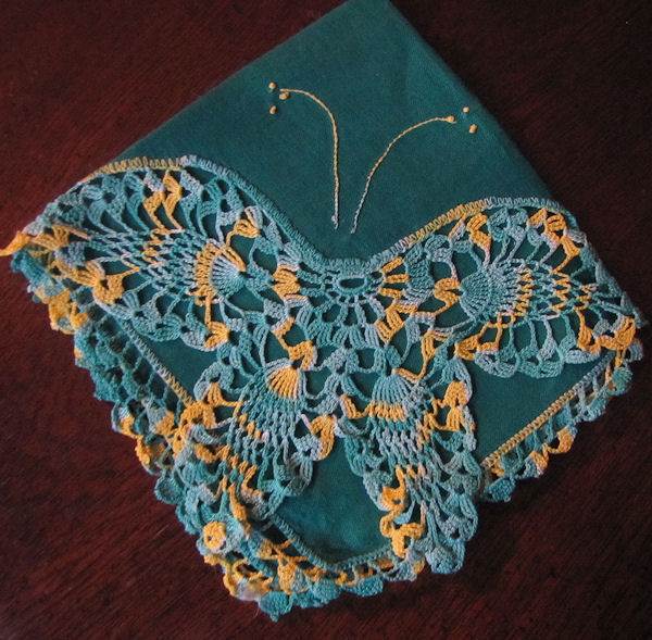 vintage Irish linen hanky handmade figural lace butterfly