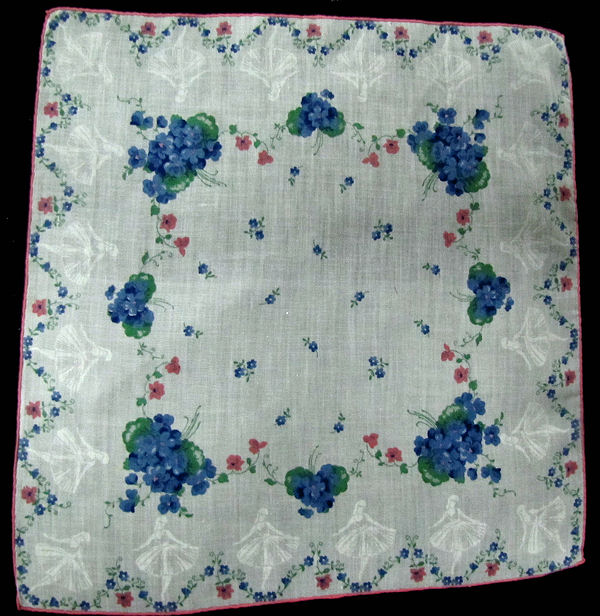 vintage floral print hanky with blue violets and ballerinas