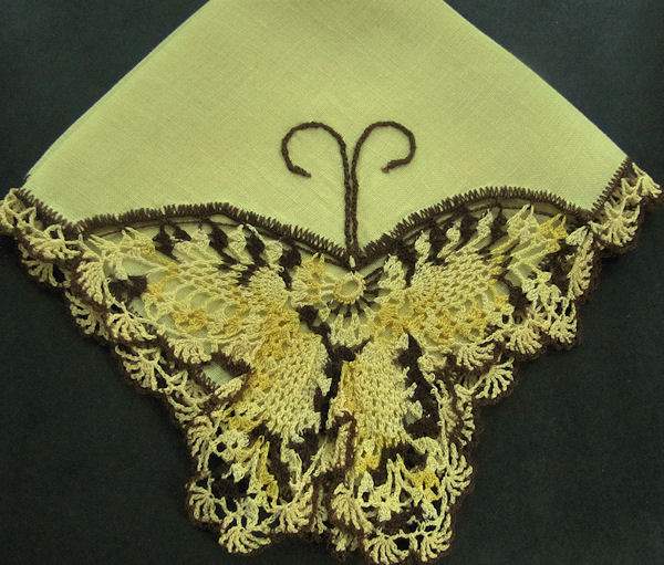 vintage yellow irish linen hanky handmade figural lace butterfly