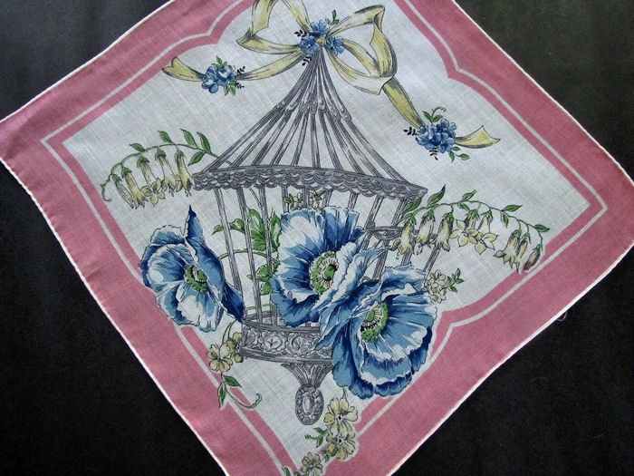 vintage floral print hanky bird cage and blue poppies