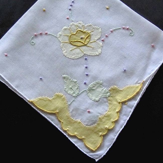 vintage antique applique embroidered hanky yellow Flowers