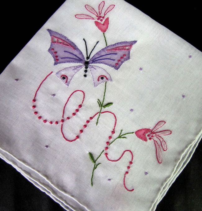 vintage antique embroidered butterfly butterflies hanky