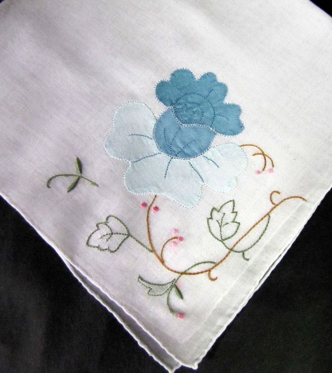 vintage antique embroidered blue flower hanky