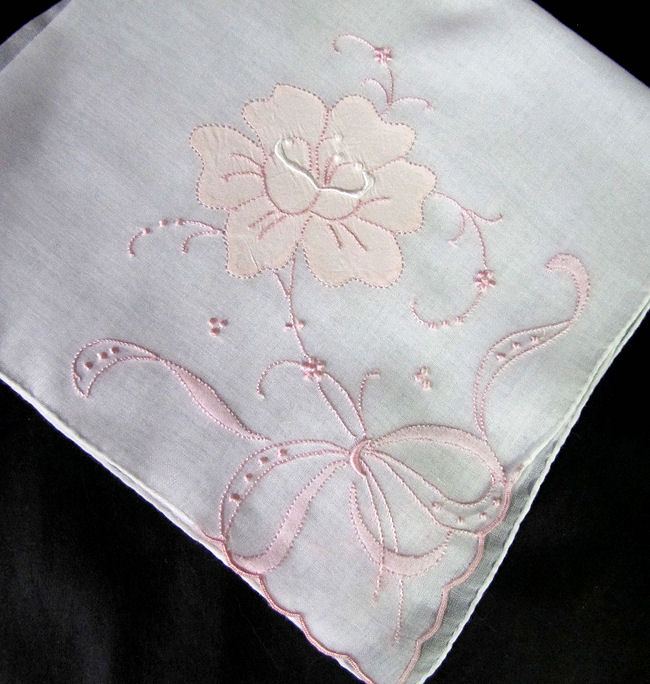 vintage antique embroidered hanky with pink flower