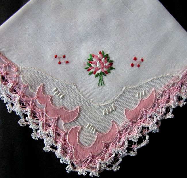 vintage antique embroidered hanky with handmade lace