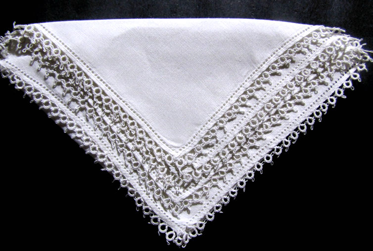 vintage antique whitework Irish linen Tatted lace hanky