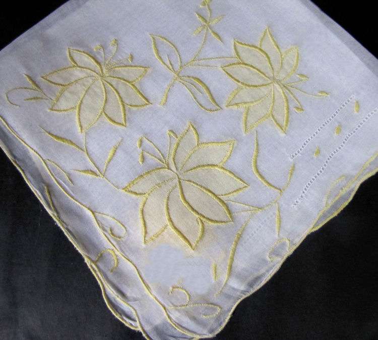 vintage antique embroidered hanky yellow flowers