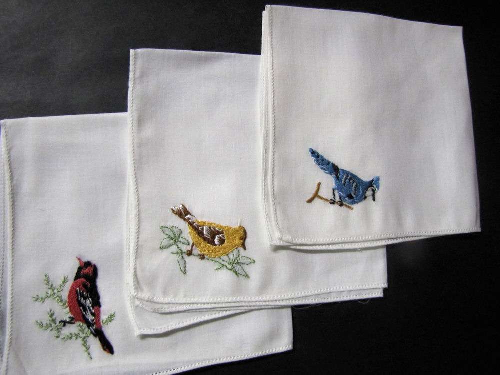 3 vintage antique embroidered hankies handmade Irish linen birds