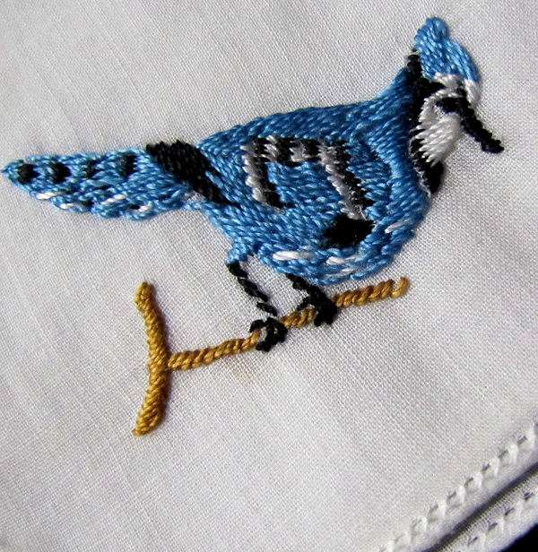 close up 2 3 vintage antique embroidered hankies handmade Irish linen birds