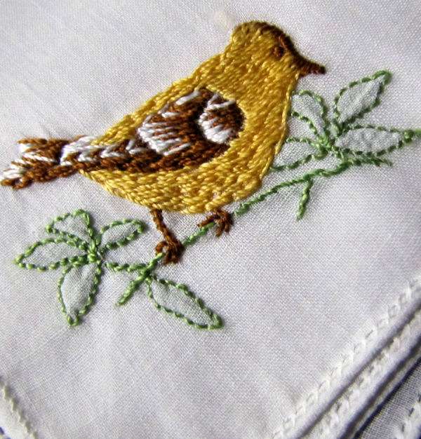 close up  3 3 vintage antique embroidered hankies handmade Irish linen birds