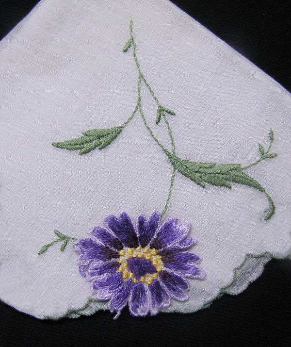 vintage antique embroidered round hanky purple flower