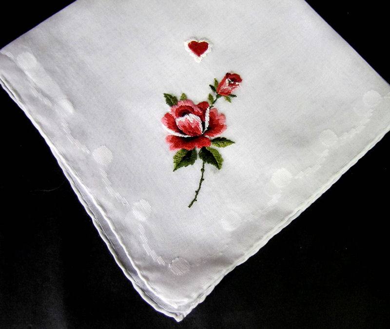 vintage antique valentine hanky embroidered rose and heart