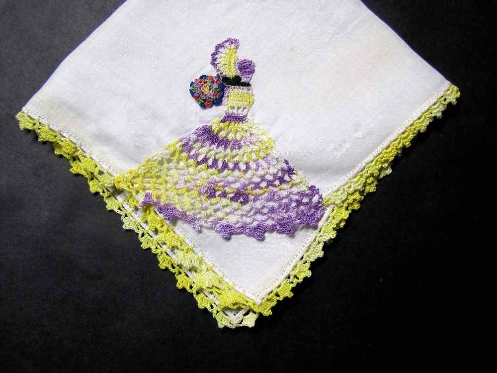 vintage antique irish linen hanky with handmade figural lace flower girl