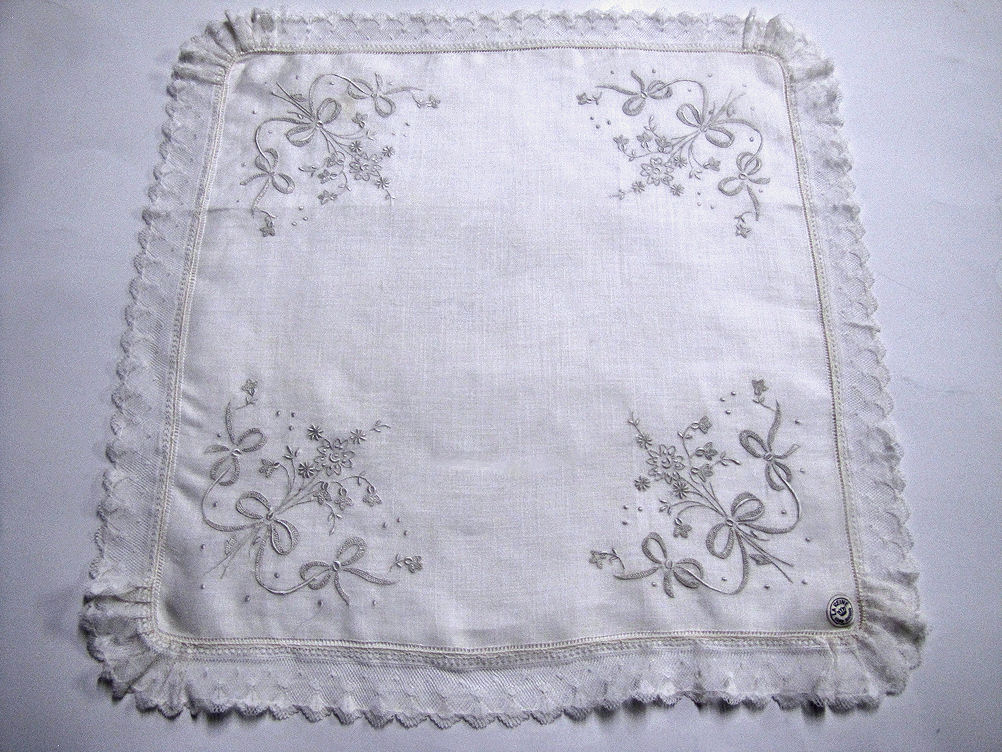 vintage antique handmade whitework hanky with French lace