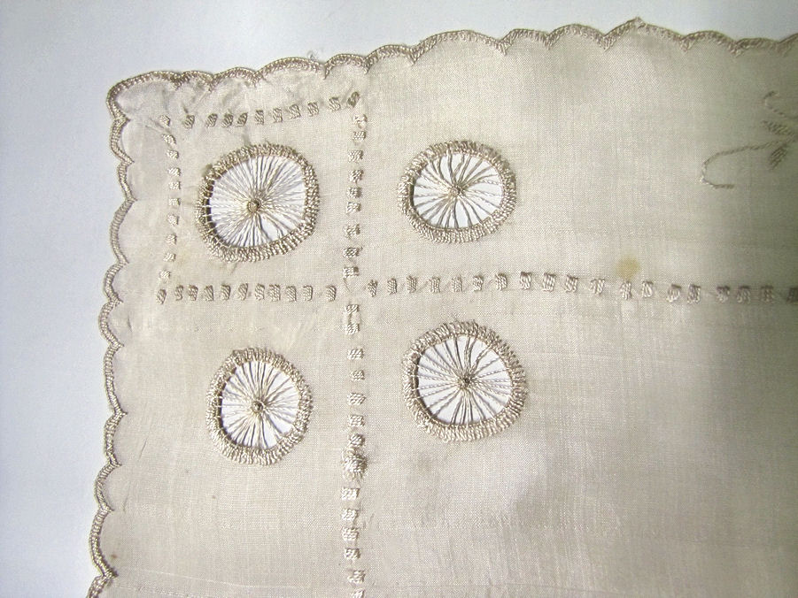 close up vintage antique handmade silk whitework hanky