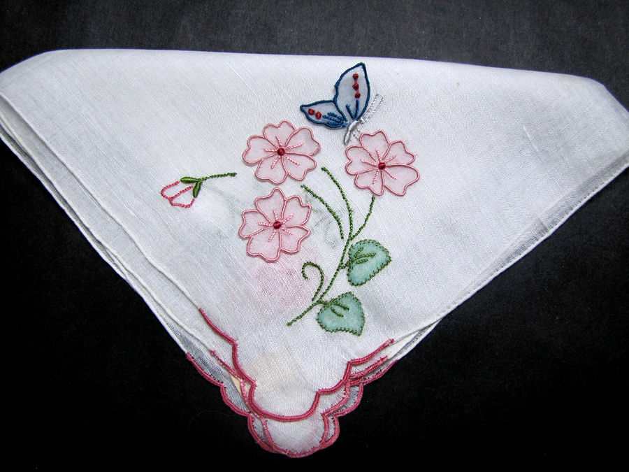 vintage antique embroidered stand up butterfly hanky