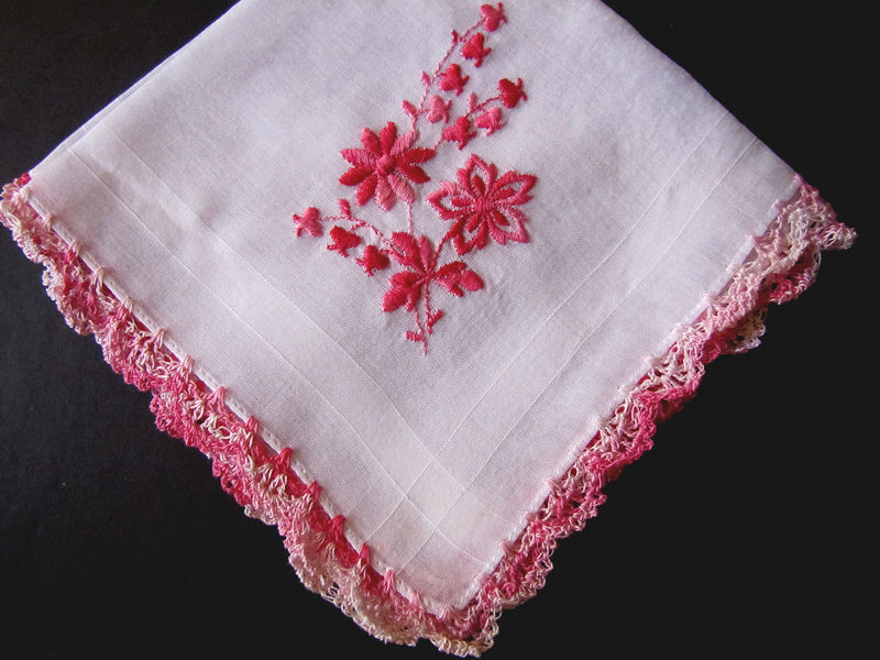 vintage antique embroidered  hanky with handmade lace