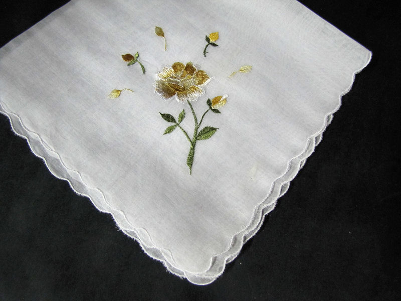 vintage antique embroidered yellow rose hanky