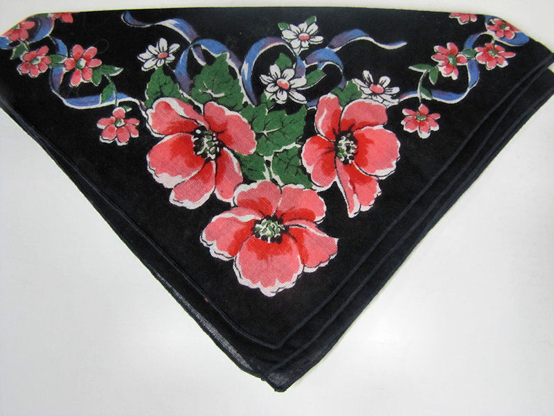 vintage antique floral print black hanky