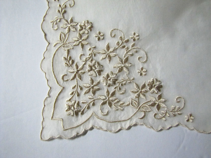 close up vintage antique embroidered wedding hanky