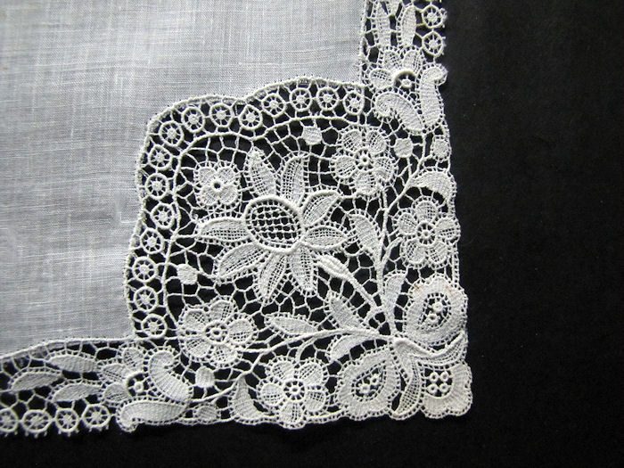 close up vintage antique wedding schiffli lace  hanky