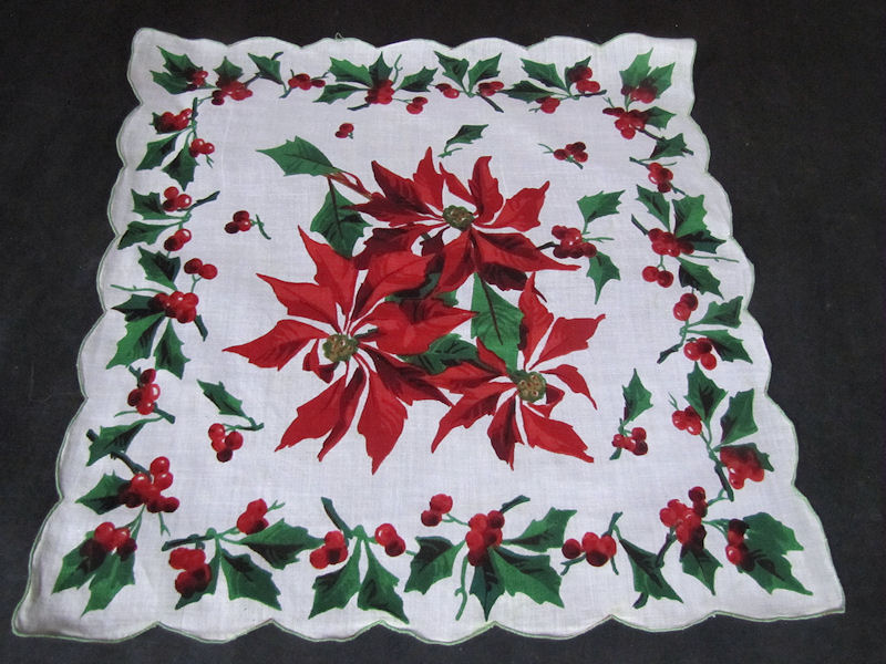 vintage antique Christmas holly and poinsetta hanky