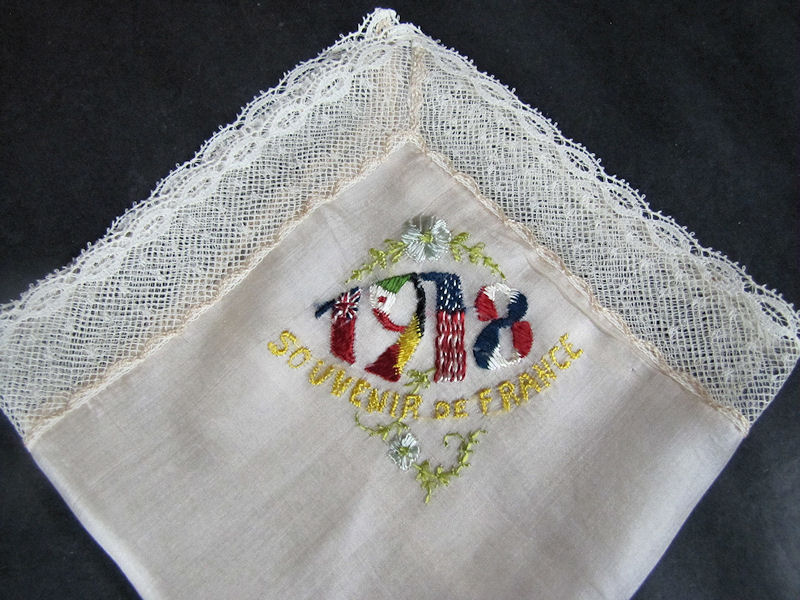 close up 4 vintage WWI hanky bag with military hankies