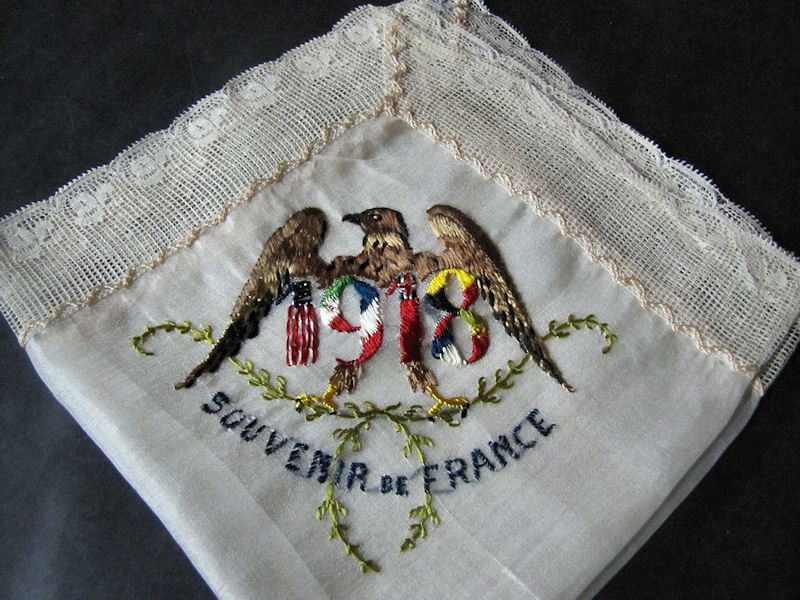 close up 5 vintage WWI hanky bag with military hankies