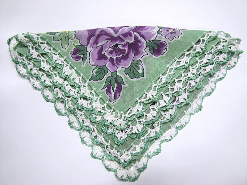 vintage antique floral print hanky handmade lace