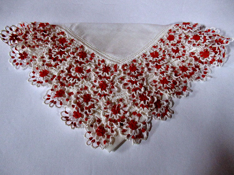 vintage irish linen handmade red and white tatted lace hanky