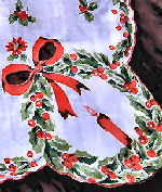 vintage Christmas holly candles hanky with cutwork lace