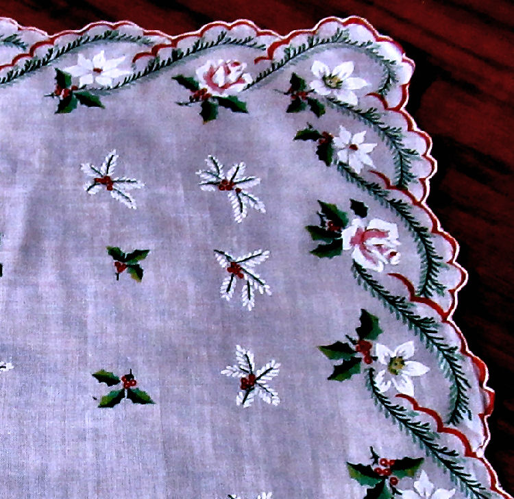 vintage antique Christmas rose and white poinsettas hanky
