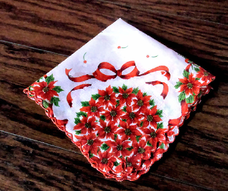 vintage antique Christmas  hanky poinsettas and ribbons