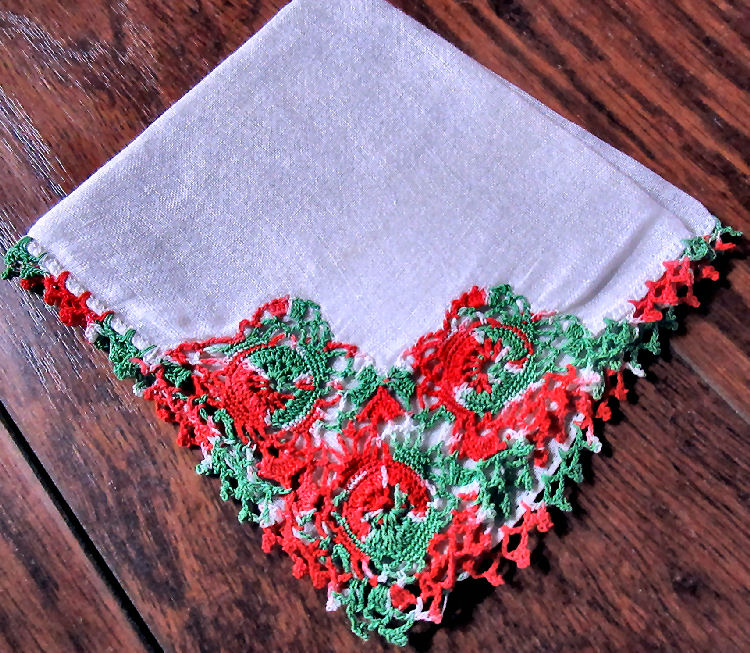 vintage antique Irish linen Christmas  hanky handmade red and green lace