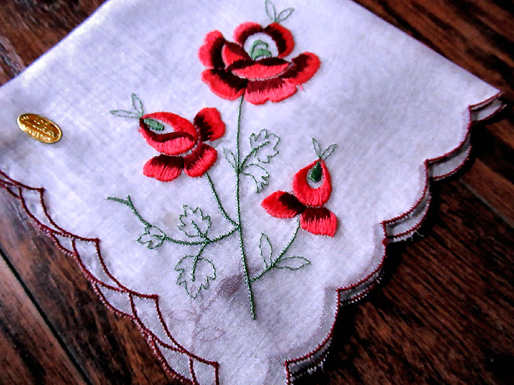 vintage antique embroidered red roses hanky
