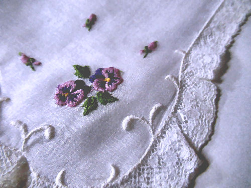 vintage  antique wedding brides hanky violets and lace