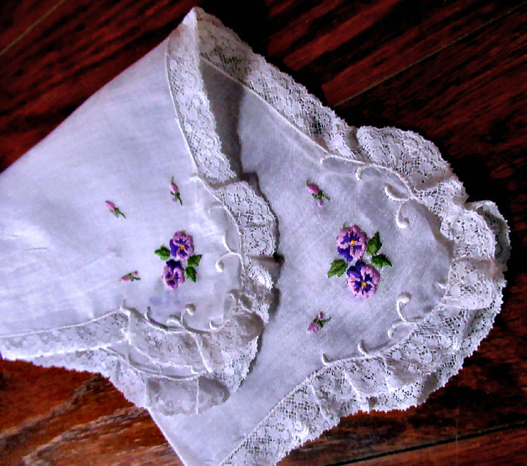 vintage  antique wedding bridal hanky violets and lace